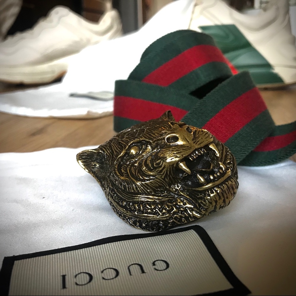 Gucci Tiger Head Buckle elastic web belt 💎
